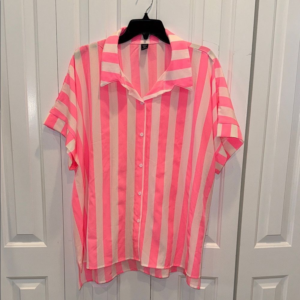 SHEIN Neon Pink & White Vertical Stripe Short Sleeve‎ Button-Down Shirt